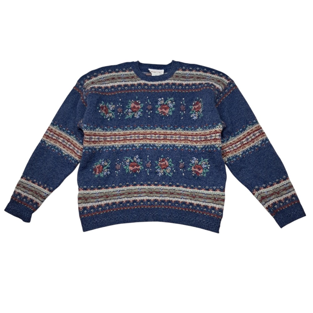 VTG Talbots Sweater Womens Large Blue‎ Floral Fair Isle Wool Cottagecore Grandma